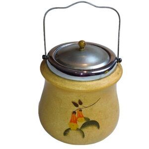 Vintage Hand Painted Beige Ceramic Lidded Biscuit Caddy Floral Pattern